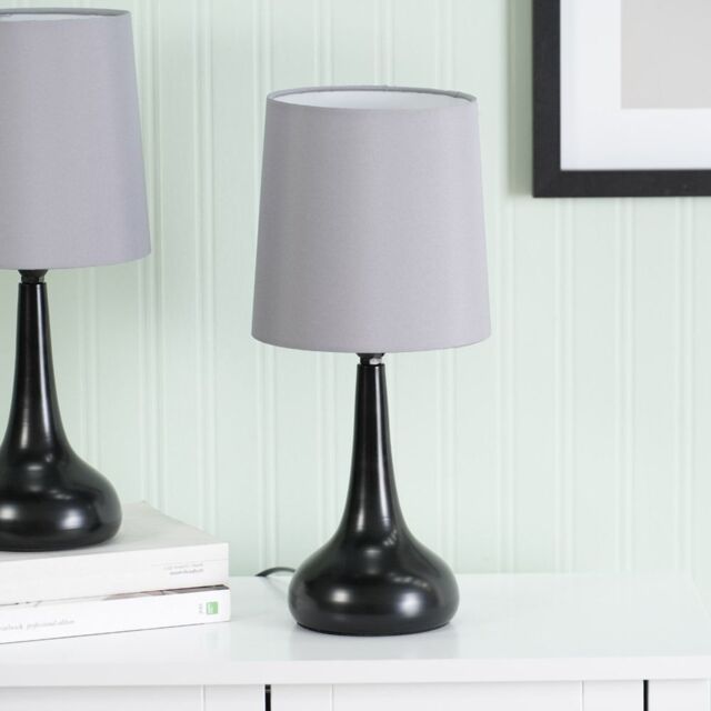 ValueLights Teardrop Pair of Fabric Shades Black Touch Table Lamps with Bulbs in Grey - image 1