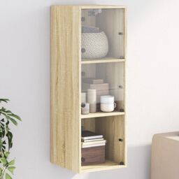 Berkfield Home Wall Cabinet with Glass Doors Sonoma Oak 35x37x100 cm in Brown - Size: 35 x 37 x 100 cm - thumbnail 1