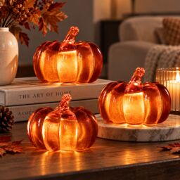 Marco Paul Set of 3 Light Up Acrylic Pumpkin Decorations in Orange - thumbnail 4