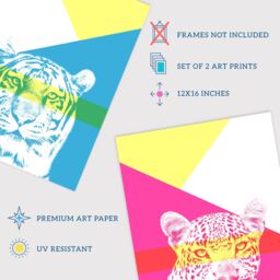 Wee Blue Coo Pack of 2 Neon Tiger & Leopard Vivid Jungle Animal Portrait Bold Geometric Design Unframed Wall Art Living Room Prints Set - thumbnail 4