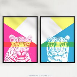 Wee Blue Coo Pack of 2 Neon Tiger & Leopard Vivid Jungle Animal Portrait Bold Geometric Design Unframed Wall Art Living Room Prints Set - thumbnail 5