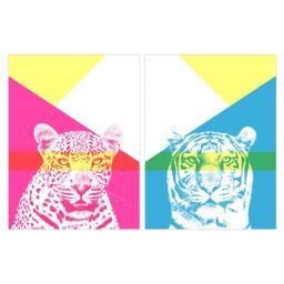 Wee Blue Coo Pack of 2 Neon Tiger & Leopard Vivid Jungle Animal Portrait Bold Geometric Design Unframed Wall Art Living Room Prints Set - thumbnail 1