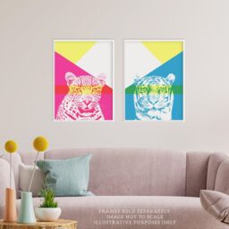 Wee Blue Coo Pack of 2 Neon Tiger & Leopard Vivid Jungle Animal Portrait Bold Geometric Design Unframed Wall Art Living Room Prints Set - thumbnail 2