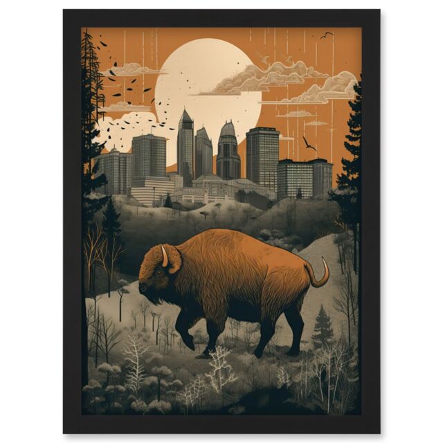 Artery8 Bison in Forest by Urban Cityscape Modern Landscape Artwork Framed Wall Art Print A4 in Black - image 1