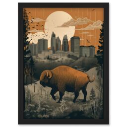Artery8 Bison in Forest by Urban Cityscape Modern Landscape Artwork Framed Wall Art Print A4 in Black - thumbnail 1