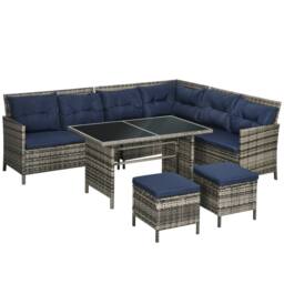 OUTSUNNY 6 Pieces Sofa Set Furniture Rattan Cushion Seat Wicker Black Garden in Dark Blue - thumbnail 2