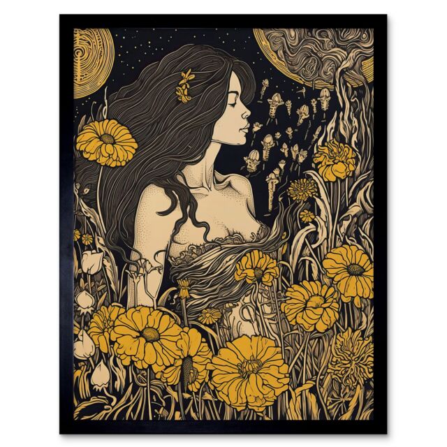 "Artery8 Wall Art Print Woman in Flower Field Midsummer Night Art Framed in Black - Size: W12"" x H16""" - image 1