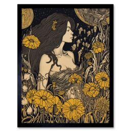 "Artery8 Wall Art Print Woman in Flower Field Midsummer Night Art Framed in Black - Size: W12"" x H16""" - thumbnail 1