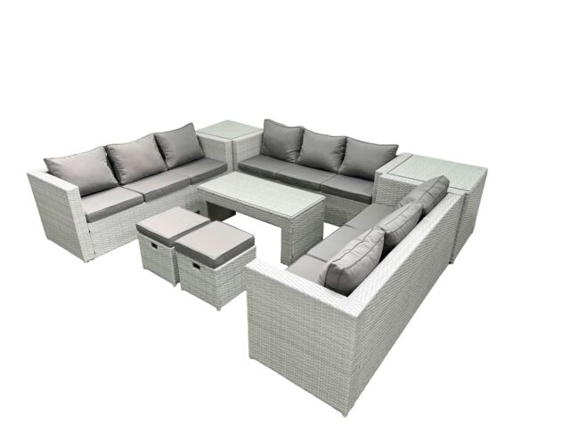 Fimous Rattan Garden Outdoor Furniture Set 11 Seater Garden Sofa Oblong Coffee Table Set with 2 Small Footstool 2 Side Tables Light Grey Mixed - image 1