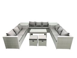 Fimous Rattan Garden Outdoor Furniture Set 11 Seater Garden Sofa Oblong Coffee Table Set with 2 Small Footstool 2 Side Tables Light Grey Mixed - thumbnail 2