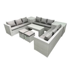 Fimous Rattan Garden Outdoor Furniture Set 11 Seater Garden Sofa Oblong Coffee Table Set with 2 Small Footstool 2 Side Tables Light Grey Mixed - thumbnail 1