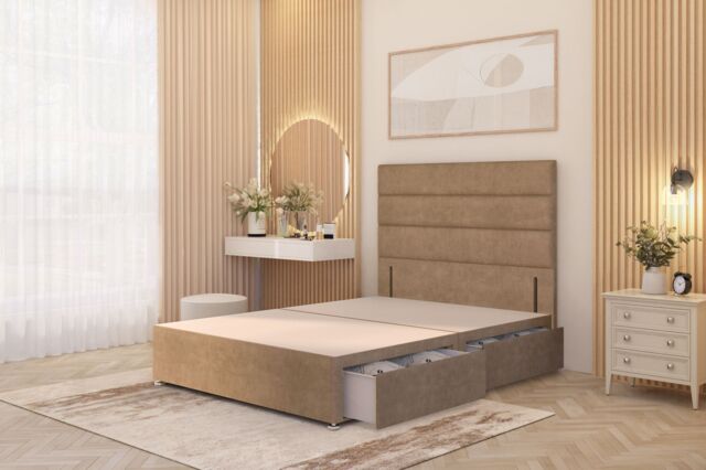 Somnior Chambery Divan Bed Frame 4 Draw with Floor Standing Headboard Velvet in Beige - Size: Double - image 1