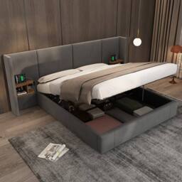 BTM Velvet Ottoman Bed with Hydraulic Storage & USB Charging in Grey - Size: Super King - thumbnail 4