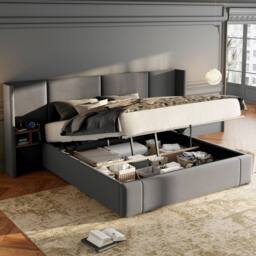 BTM Velvet Ottoman Bed with Hydraulic Storage & USB Charging in Grey - Size: Super King - thumbnail 2