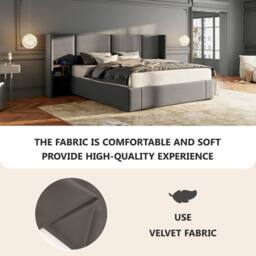BTM Velvet Ottoman Bed with Hydraulic Storage & USB Charging in Grey - Size: Super King - thumbnail 5