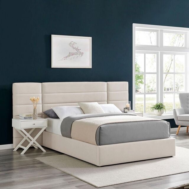 Modish Furnishing Amara Biege Wide Panel Fabric Headboard Ottoman Storage Bed King Size in Beige - image 1