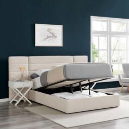 Modish Furnishing Amara Biege Wide Panel Fabric Headboard Ottoman Storage Bed King Size in Beige - thumbnail 2