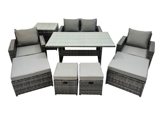 Fimous 8 Seater Outdoor Dining Table Double Seat Sofa Side Table 4 Stools Set in Dark Grey - image 1