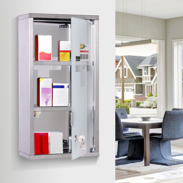 HOMCOM Wall Mounted Lockable Medicine Cabinet Stainless Steel in Silver - image 1