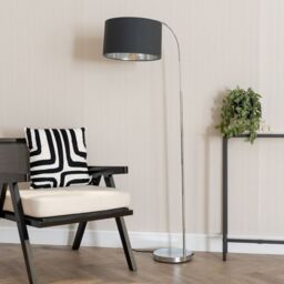 ValueLights Curva Chrome Arched Floor Lamp with Metallic Chrome Inner Drum Lamp Shade & Bulb in Black - thumbnail 3