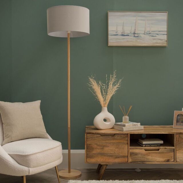 ValueLights Heather Light Wood Floor Lamp with Fabric Drum Shade in Light Grey - image 1