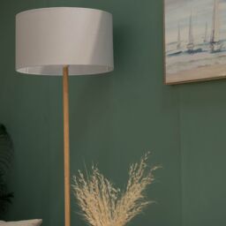 ValueLights Heather Light Wood Floor Lamp with Fabric Drum Shade in Light Grey - thumbnail 3