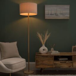 ValueLights Heather Light Wood Floor Lamp with Fabric Drum Shade in Light Grey - thumbnail 4