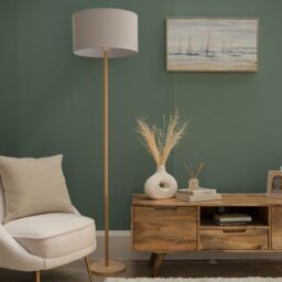 ValueLights Heather Light Wood Floor Lamp with Fabric Drum Shade in Light Grey - thumbnail 1