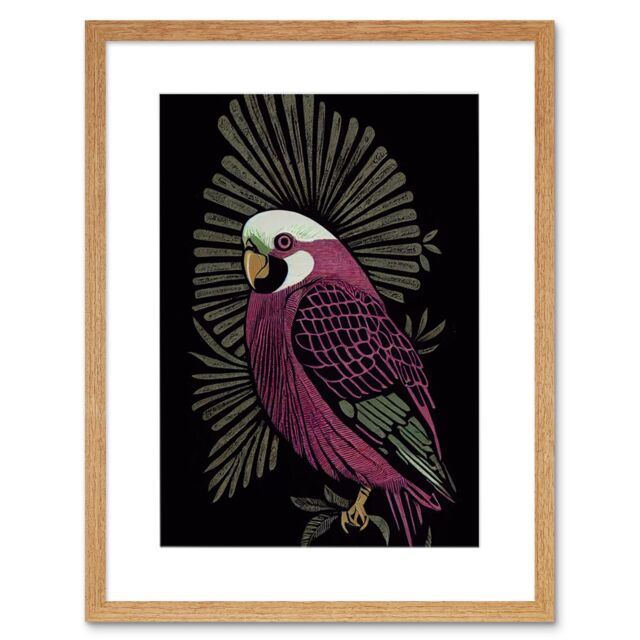 "Artery8 Wall Art Print Tropical Bird Jungle Deep Green Linocut Retro Vintage Artwork Framed 9X7 Inch in Beige - Size: W7"" x H9""" - image 1