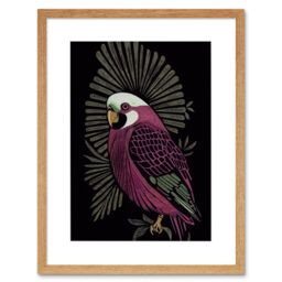 "Artery8 Wall Art Print Tropical Bird Jungle Deep Green Linocut Retro Vintage Artwork Framed 9X7 Inch in Beige - Size: W7"" x H9""" - thumbnail 1