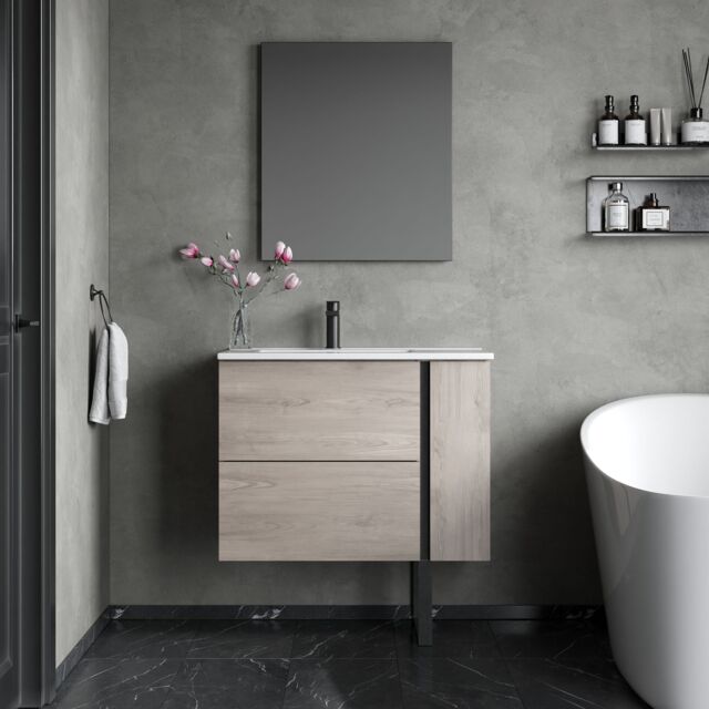 Banyetti Evora 800mm Wall Hung Vanity with Lira Offset Basin - Iron Oak in Light Grey - image 1