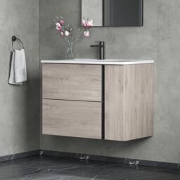 Banyetti Evora 800mm Wall Hung Vanity with Lira Offset Basin - Iron Oak in Light Grey - thumbnail 6