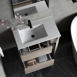 Banyetti Evora 800mm Wall Hung Vanity with Lira Offset Basin - Iron Oak in Light Grey - thumbnail 2