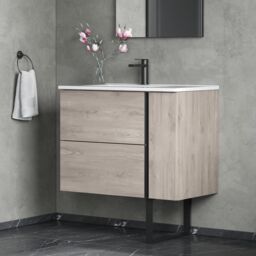 Banyetti Evora 800mm Wall Hung Vanity with Lira Offset Basin - Iron Oak in Light Grey - thumbnail 3