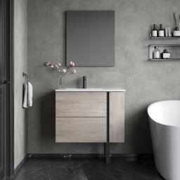 Banyetti Evora 800mm Wall Hung Vanity with Lira Offset Basin - Iron Oak in Light Grey