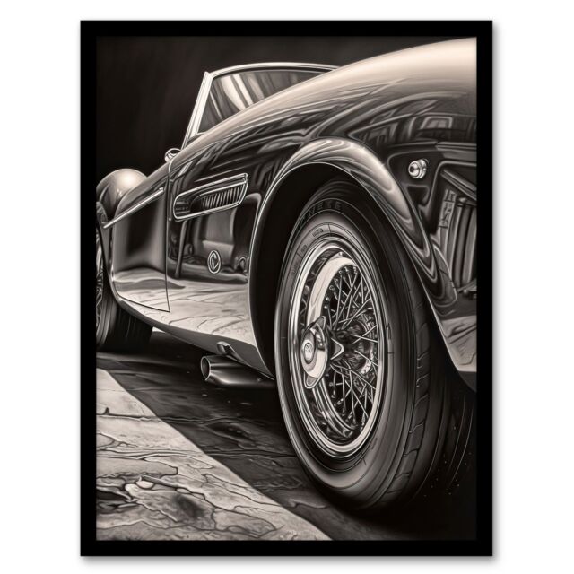 Artery8 Sleek & Sporty Hyper Realistic Graphite Drawing Sports Car Spoke Wheels Gift For Him Artwork Framed Wall Art Print A4 in Black - image 1