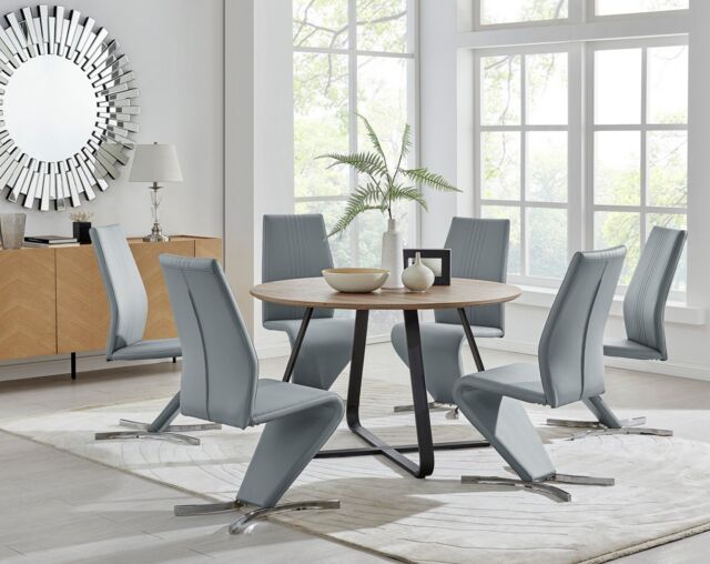 FurnitureboxUK Santorini Brown Wood Effect Dining Table & 6 Willow Chairs in Grey - image 1