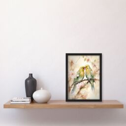 Artery8 Two Lovebirds Cherry Blossom Watercolour Pair Perched Artwork Framed Wall Art Print A4 in Black - thumbnail 4
