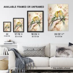 Artery8 Two Lovebirds Cherry Blossom Watercolour Pair Perched Artwork Framed Wall Art Print A4 in Black - thumbnail 3