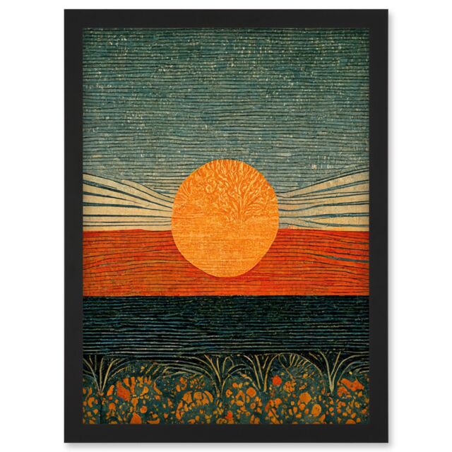 Artery8 William Morris Style Sunrise Over Sea Abstract Artwork Framed Wall Art Print A4 in Black - image 1