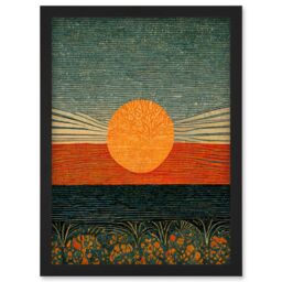 Artery8 William Morris Style Sunrise Over Sea Abstract Artwork Framed Wall Art Print A4 in Black - thumbnail 1