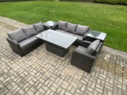Fimous Outdoor Rattan Garden Furniture Sets Height Adjustable Rising lifting Dining Table Sofa Set with Reclining Chair 2 Side Tables in Dark Grey - thumbnail 1