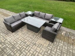 Fimous Outdoor Rattan Garden Furniture Sets Height Adjustable Rising lifting Dining Table Sofa Set with Reclining Chair 2 Side Tables in Dark Grey - thumbnail 2