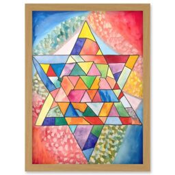 Artery8 Jewish Star Of David Patterns Geometric Folk Art Watercolour Painting Artwork Framed Wall Art Print A4 in Light Oak - thumbnail 1