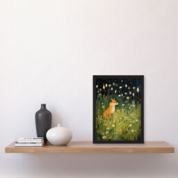 Artery8 Wall Art Print Happy Fox in White Flower Meadow at Night Orange Green Framed Art - Size: A4 - thumbnail 4