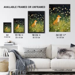 Artery8 Wall Art Print Happy Fox in White Flower Meadow at Night Orange Green Framed Art - Size: A4 - thumbnail 3