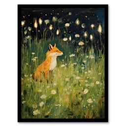 Artery8 Wall Art Print Happy Fox in White Flower Meadow at Night Orange Green Framed Art - Size: A4 - thumbnail 1