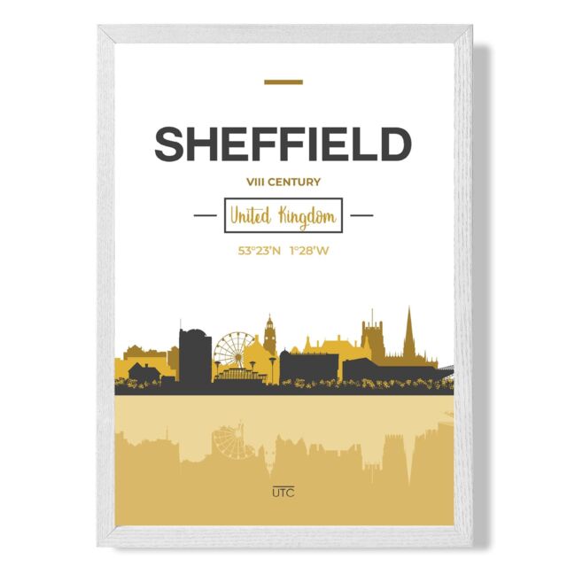 ARTZE Sheffield Yellow & Black City Skyline Framed Print SIZE: A4 with White Frame - Size: A2 - image 1