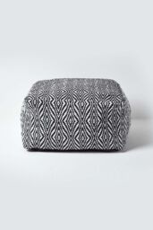 Homescapes Trance Diamond Pattern Square Bean Filled Pouffe, 60 cm in Black