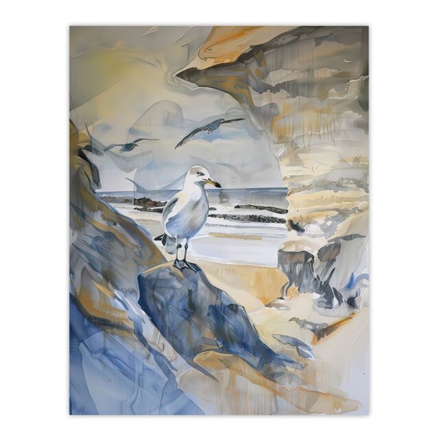 "Artery8 Seagull Aldeburgh Beach Suffolk Watercolour Coast Wall Art Print in Beige - Size: W18"" x H24""" - image 1